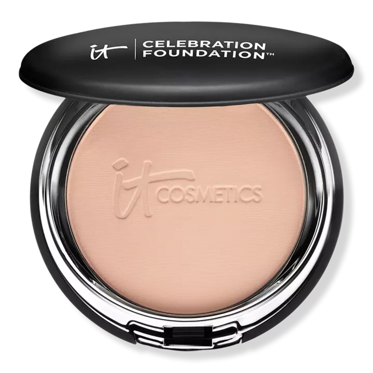  It Cosmetics Celebration Full Coverage Powder Foundation round black and silver compact of powder foundation on white background