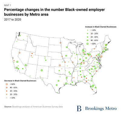 Map 1: Percentage changes in the number Black-owned employer businesses by Metro area, 2017 - 2020