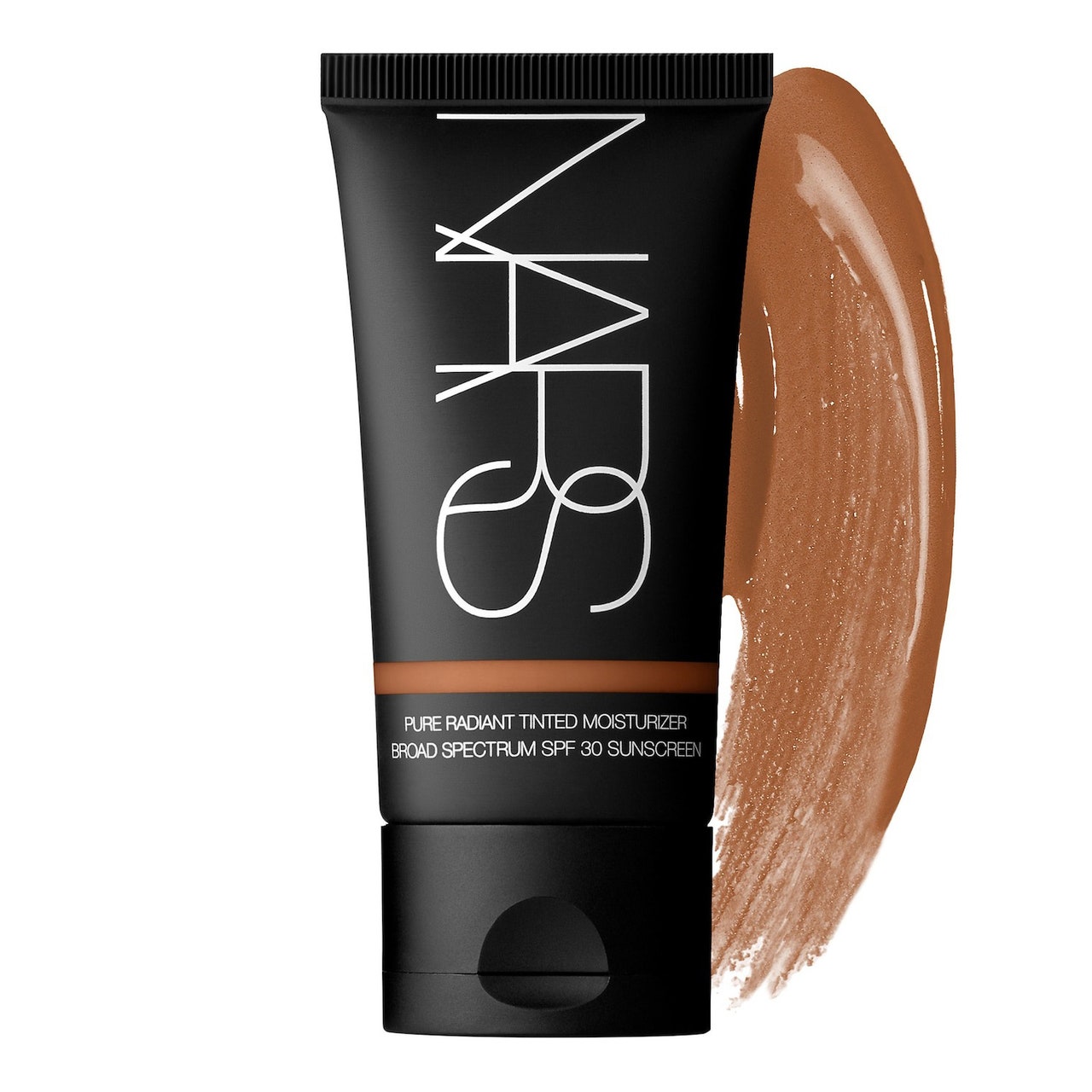 Nars Pure Radiant Tinted Moisturizer Broad Spectrum SPF 30 black tube with tinted moisturizer swatch on white background