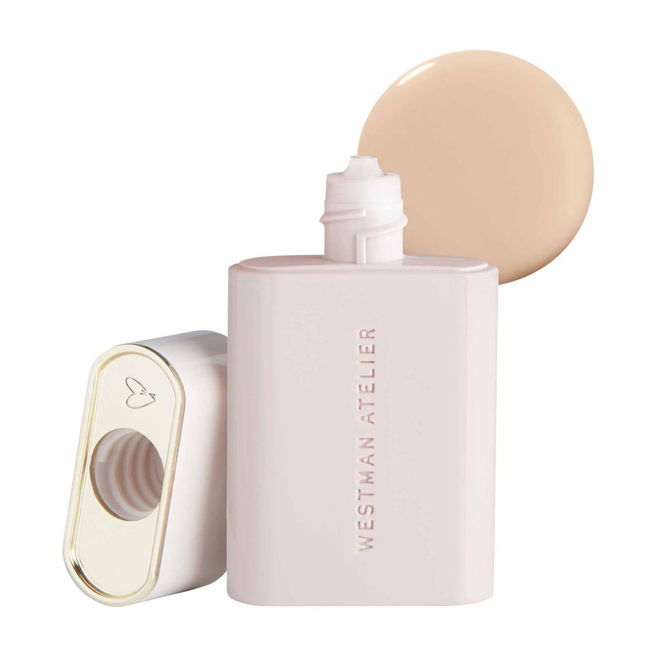 Westman Atelier Vital Skincare Dewy Foundation Drops pale pink squeeze bottle of foundation drops with cap to the side on white background