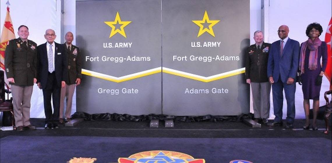 Lt. General Arthur Gregg, from Florence SC, stands center left with the family of Lt. Colonel Charity Adams, from Columbia SC, on the right. A Virginia Army base previously named for Robert E. Lee was renamed Fort Gregg-Adams at a ceremony April 27.