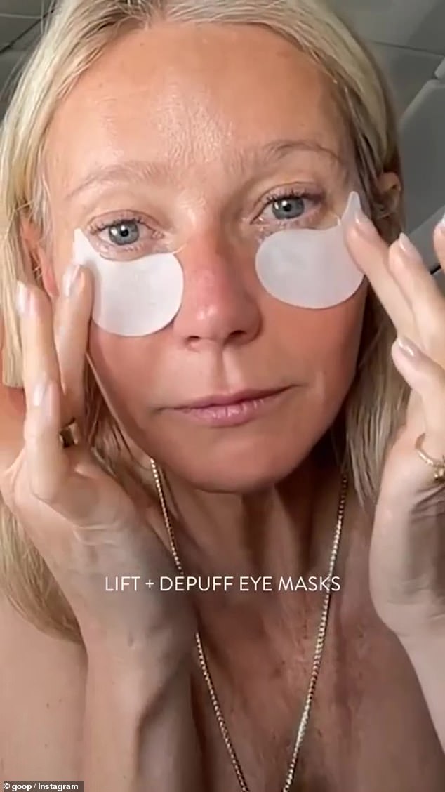 She doesn't want wrinkles: The Iron Man actress made her comments to British Vogue to plug her brand GOOP. Here the icon posed with 'eye masks' to 'lift + depuff'