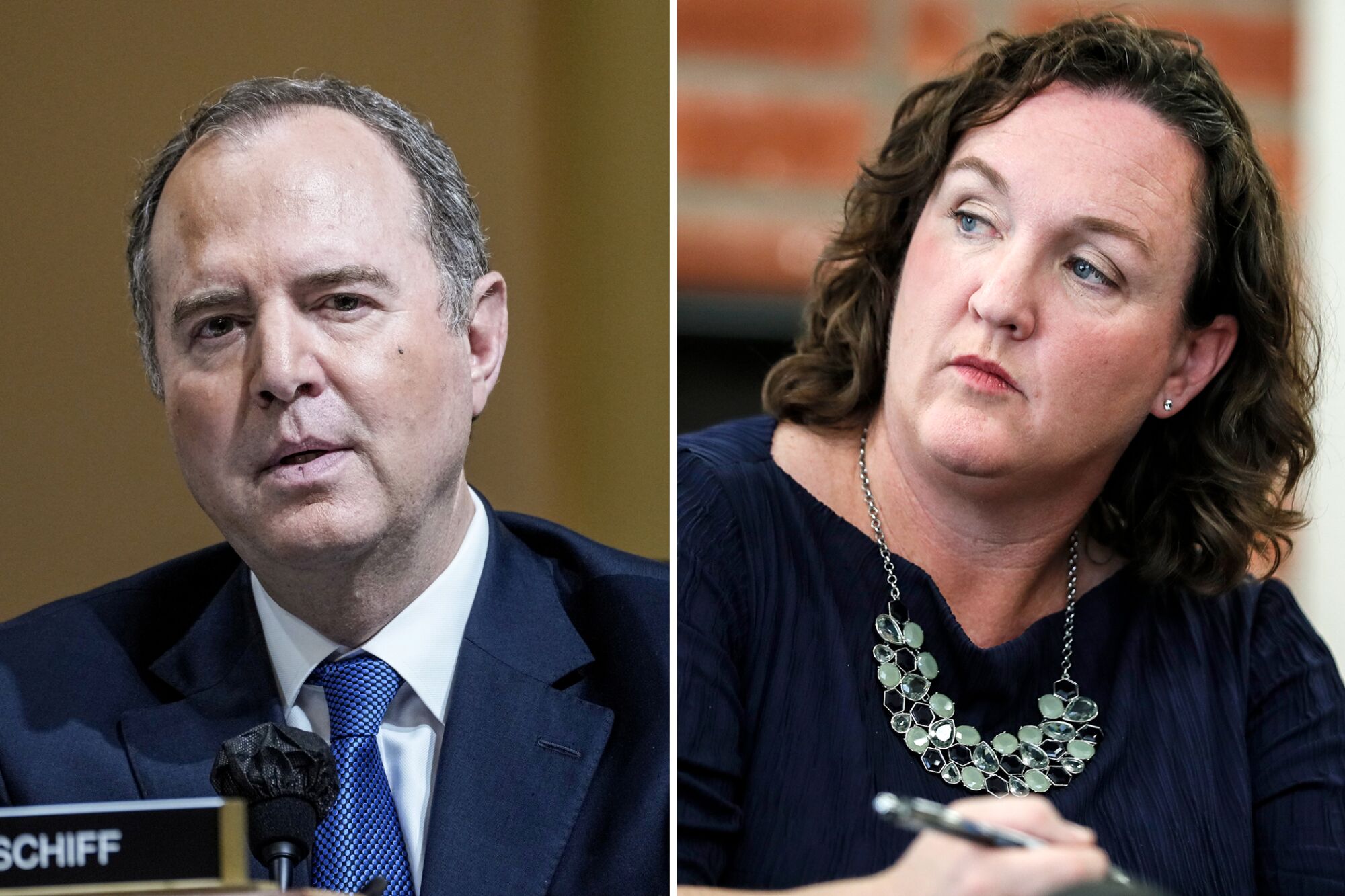  Side-by-side photos of Reps. Adam Schiff and Katie Porter at work