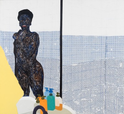 Painting of a Black woman showering. Her reflection is caught in a mirror above a sink with some soaps on it.