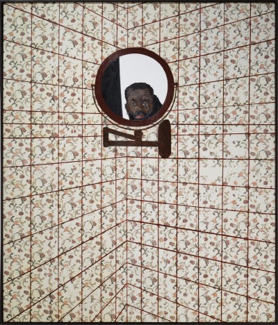 Painting of a Black man looking into a mirror attached to a tiled wall with images of tulips painted onto it.