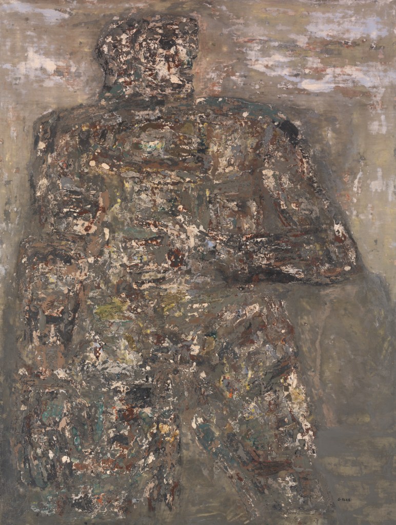 A brown and beige painting showing the outline of a body.