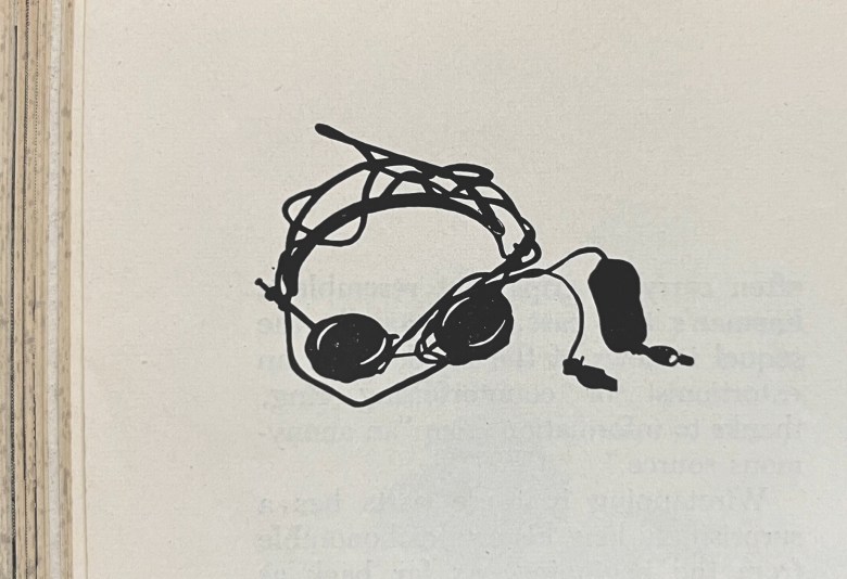 a black ink drawing of a pair of anthropomorphic headphones.