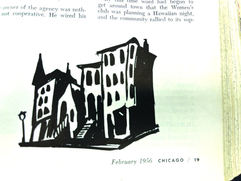 a ghostly black ink drawing of a block of 30s-style Chicago apartment buildings.