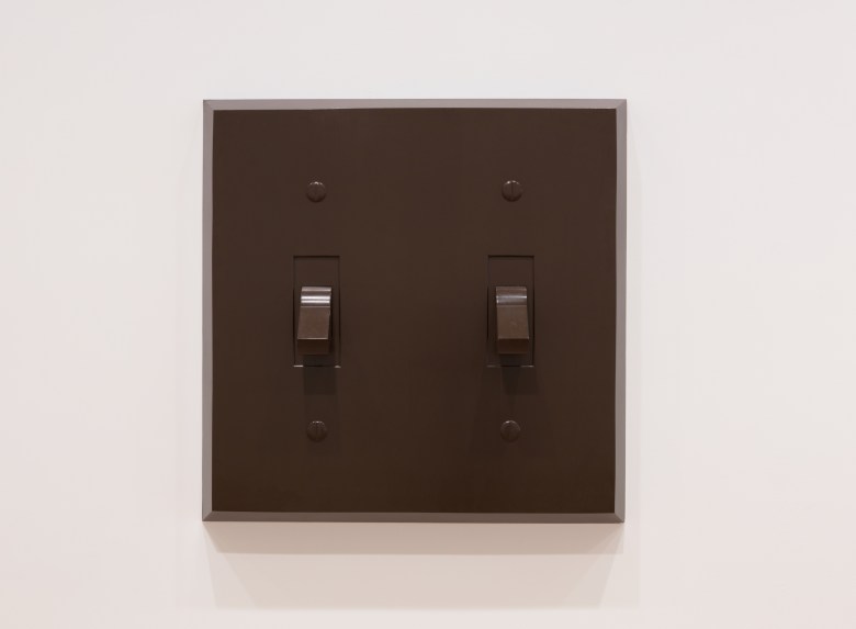Oldenburg's hard, wall-hanging dark brown sculpture of a light switch.