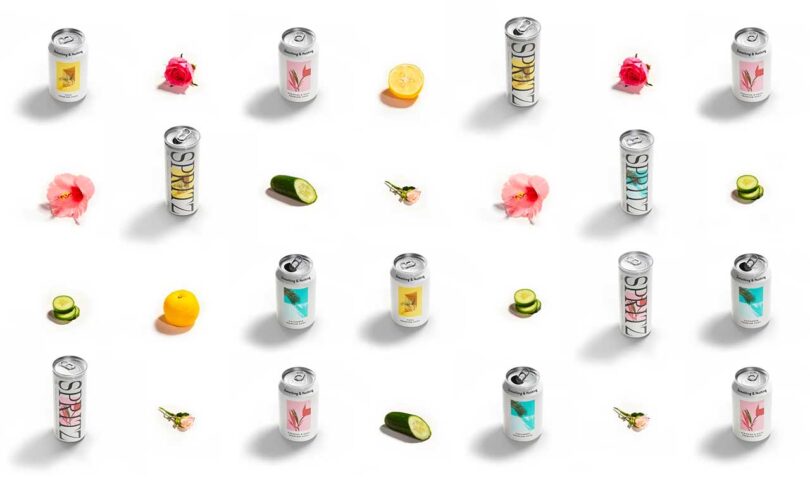array of Spritz cans surrounded by flowers