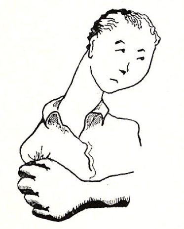 Black and white drawing shows a young person with an elongated neck looking to the side. A large forearm and fist covers the bottom of their torso.