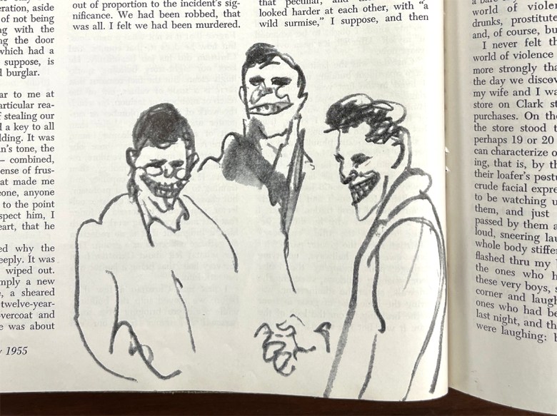 A pencil drawing shows three creepily depicted men standing in a group. Only the upper half of their bodies is shown. All have wide sinister grins.