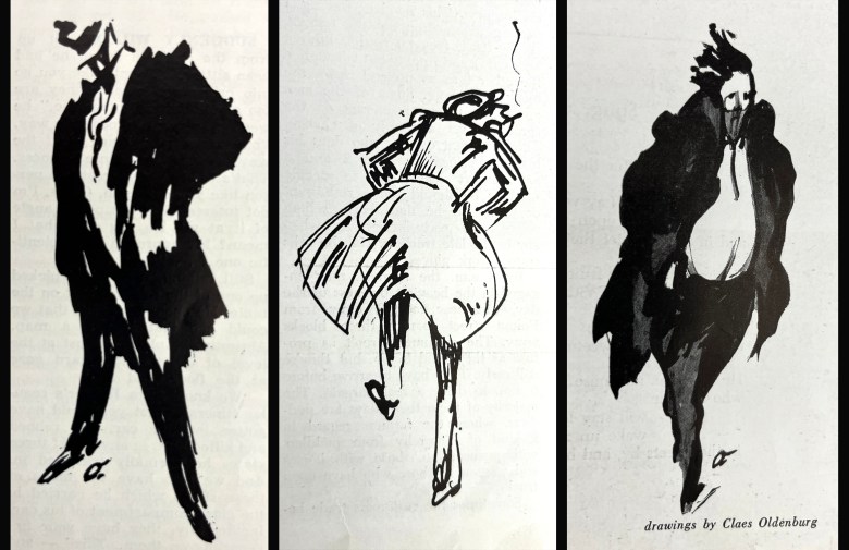 A triptych of black and white illustrations show three individual figures dressed in long overcoats. They're drawn in a quick, figurative manner.