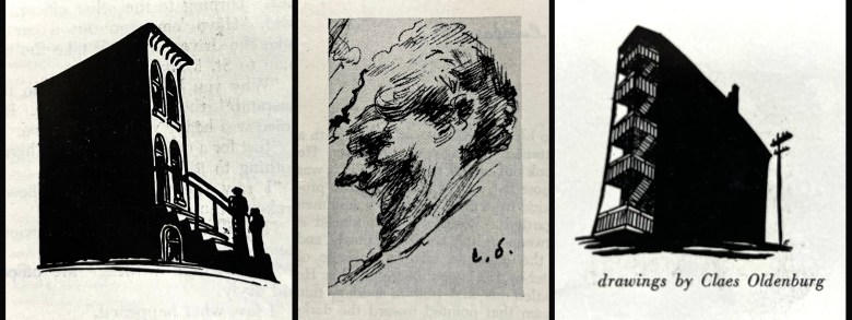 a triptych of black and white illustrations, one either side are drawings of old Chicago apartment buildings. In the center is an old man's face, he has a wide grin and a double chin.