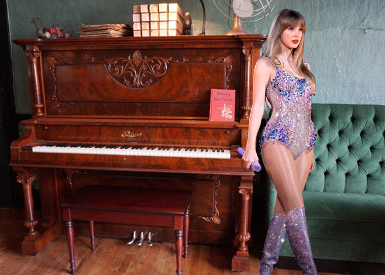 girl in a sparkly bodysuit holding a microphone next to a piano