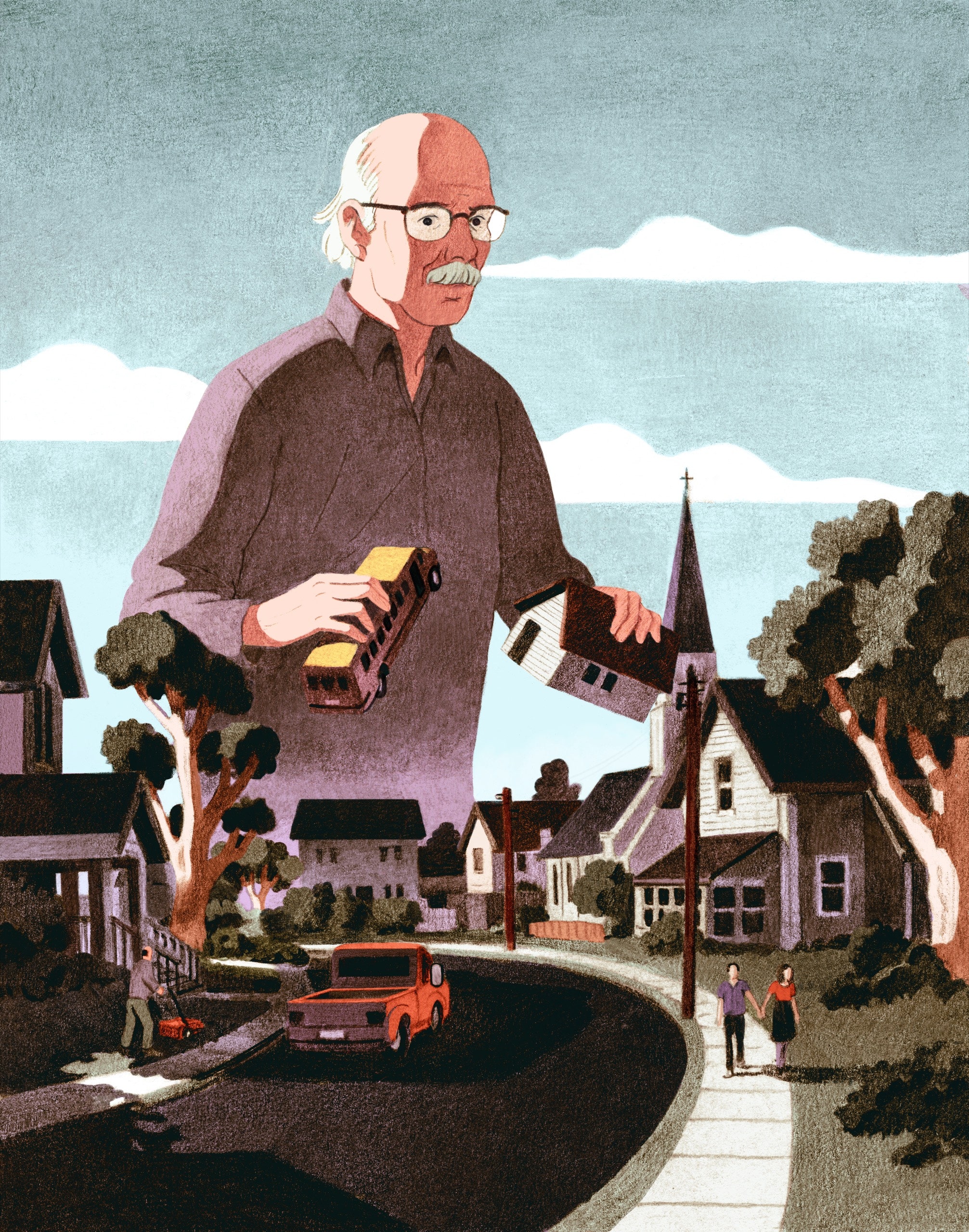 An older man with glasses and a mustache towers over the scene of a small suburban town. He is holding a house and a...