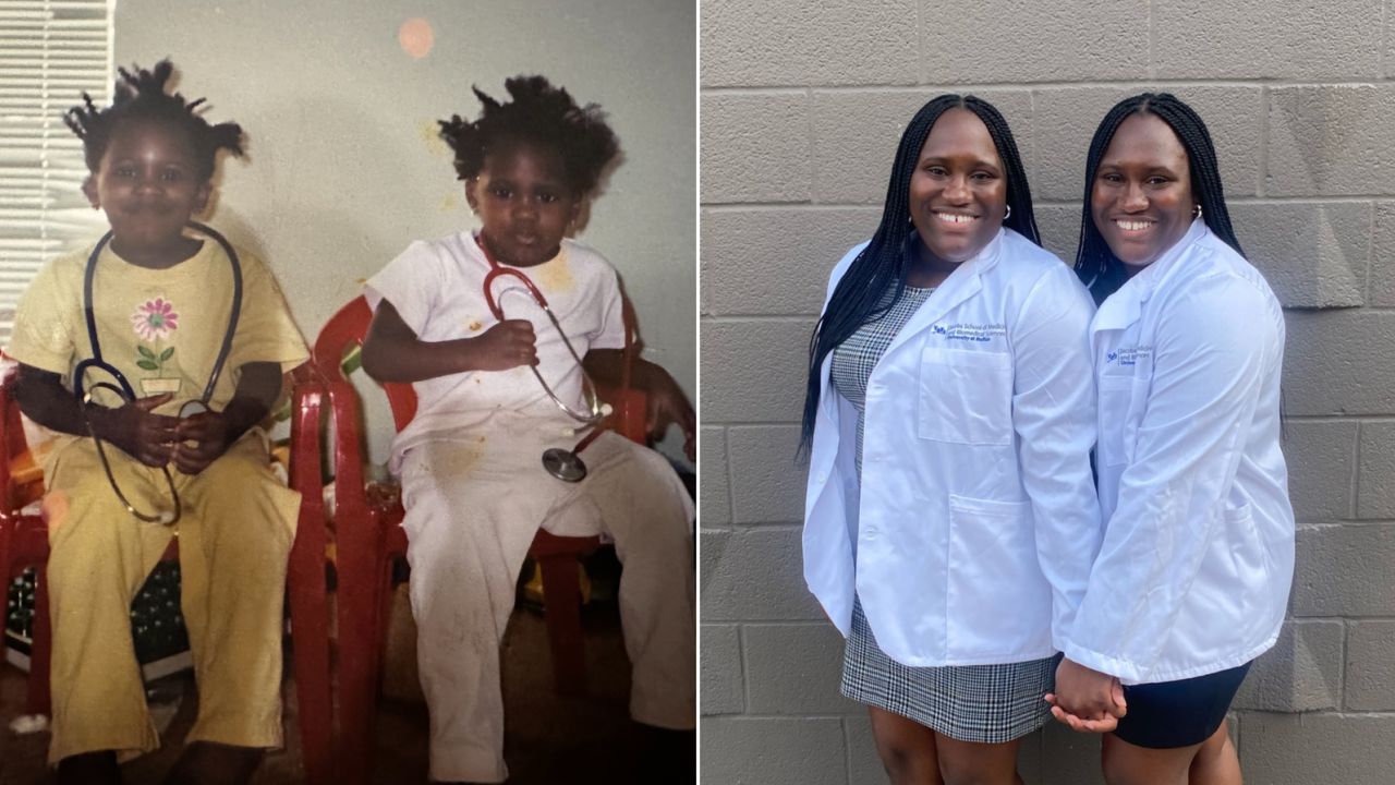 Chidalu, left, and Chidera Anameze are pictured as children and at medical school.