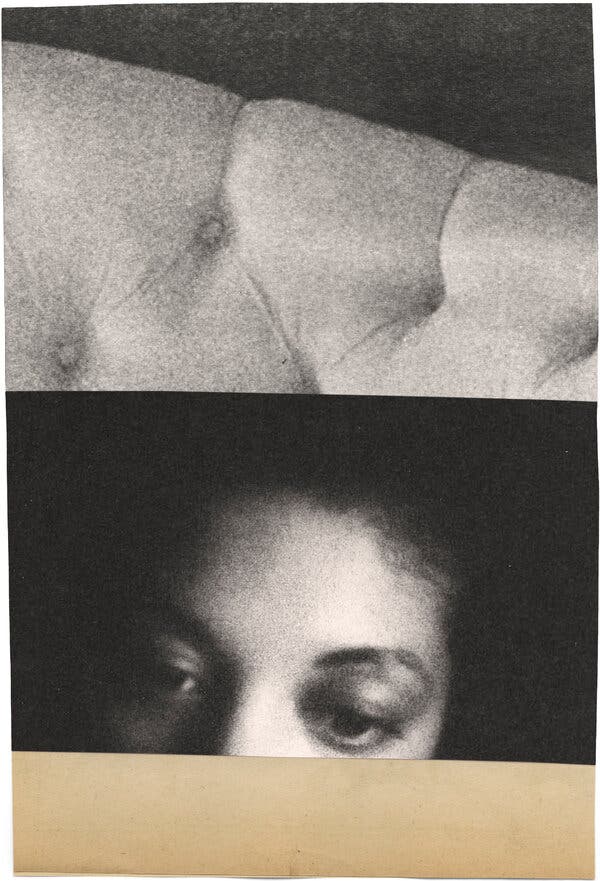 A photo illustration of two black-and-white images. The top is a close-up detail of a chair. The bottom is a woman’s eyes.