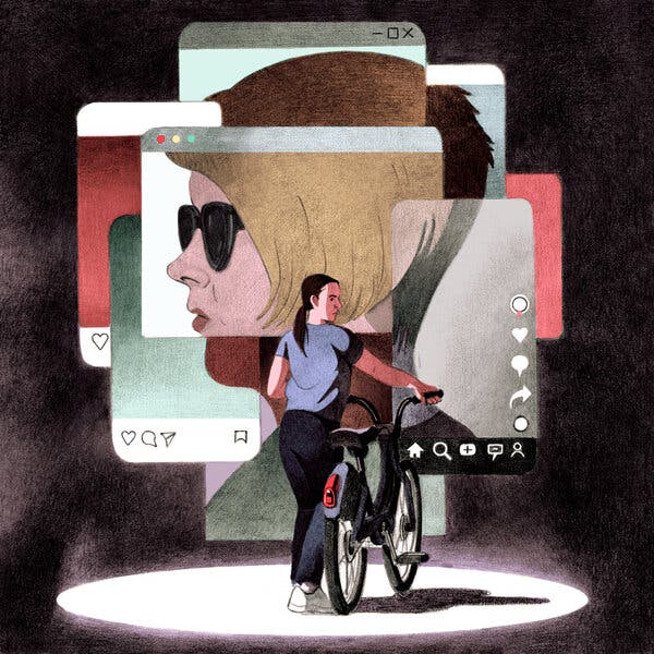 An illustration of a woman looking off to the side while holding on to a bicycle. In the background are various desktop windows and app interfaces forming a composite profile of a white woman with short blond hair and wearing dark sunglasses. 