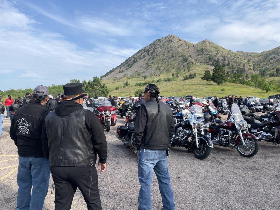 Native American bikers await the state of the Medicine Wheel Ride that began at Bear Butte...