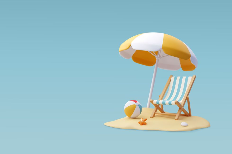 3d vector beach chair, yellow umbrella and ball, summer holiday, time to travel concept