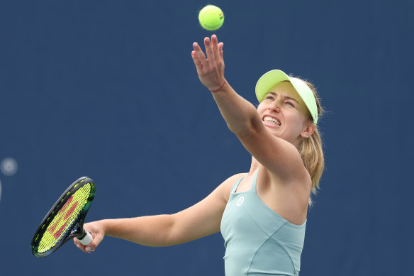 Australian Daria Saville serves to Clervie Ngounoue, of the US, in their first round women’s  singles match at the US Open.