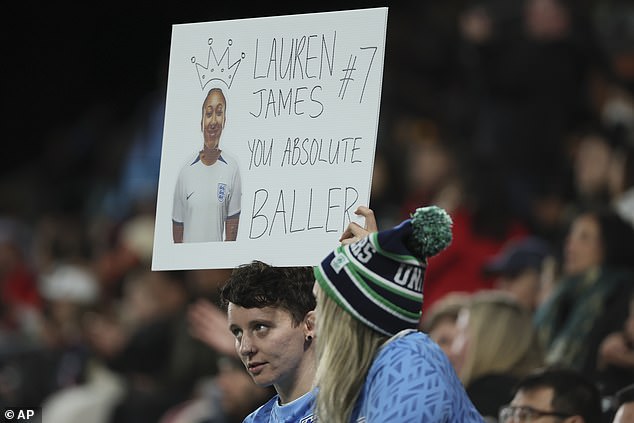 England fans held up signs, including one for Lauren James, who scored the winning goal in last weeks tie against Denmark