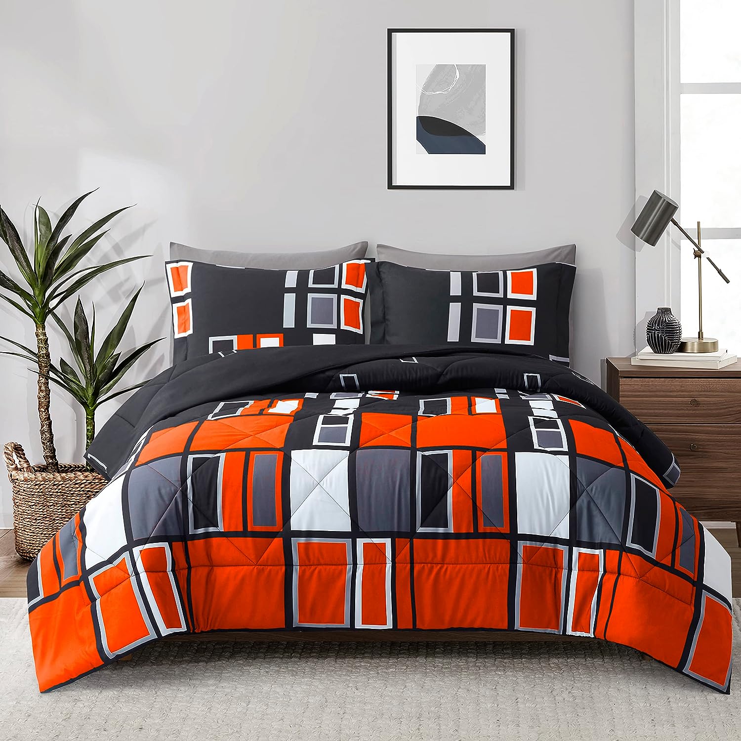 ARTALL Soft Microfiber Comforter Set Orange Gray Black Plaid, Twin Size with 1 Sham.