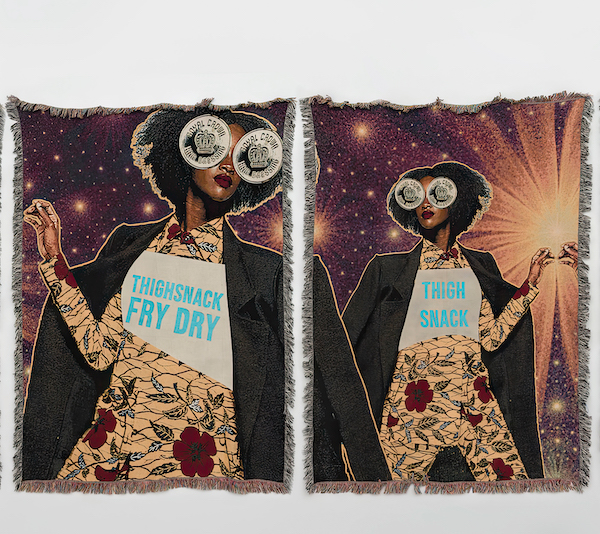 Artistic tapestries. On the left is a Black woman with a rose and vine shirt and an overjacket with the words 