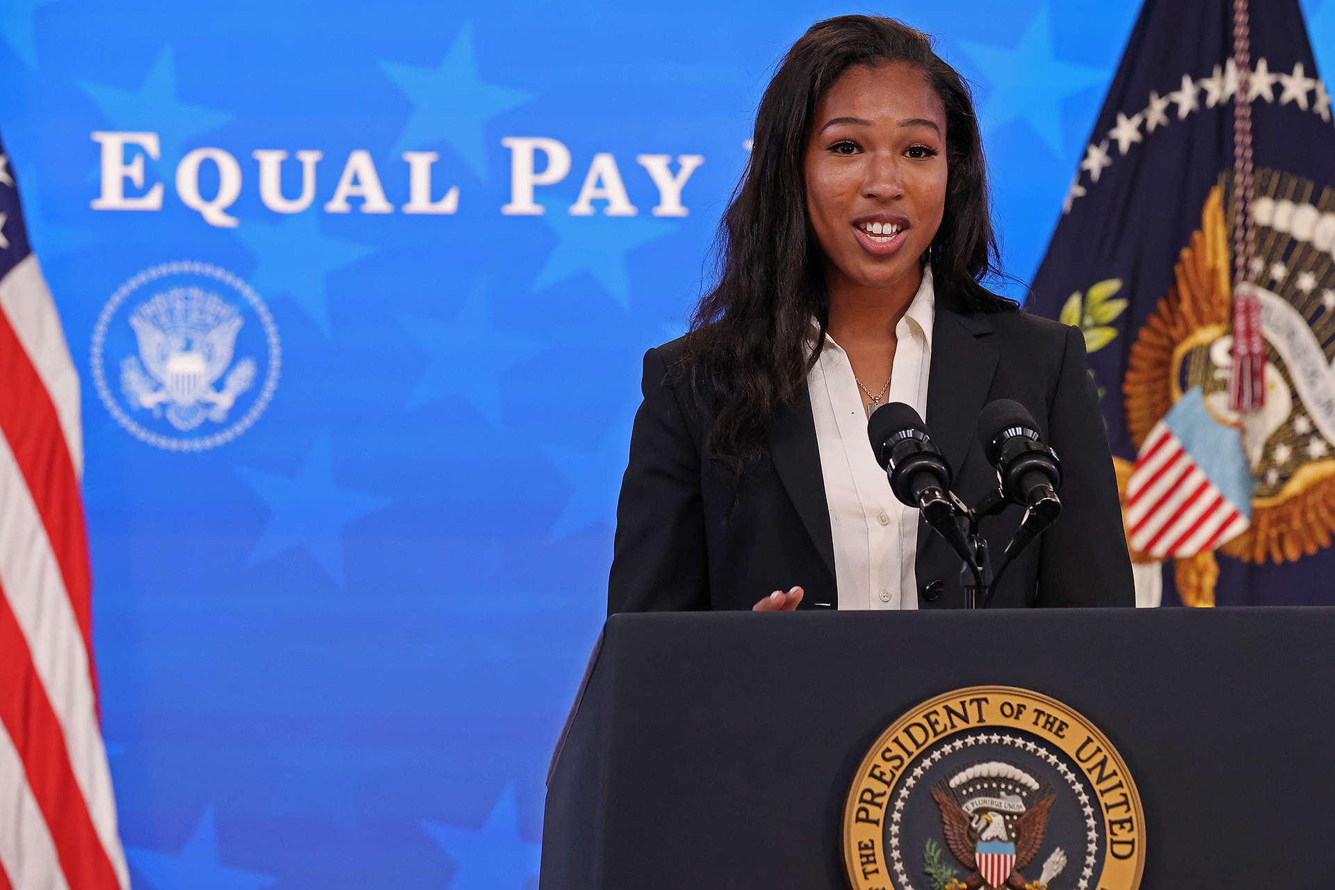 Soccer superstar Margaret Purce delivers remarks during an event to mark Equal Pay Day.