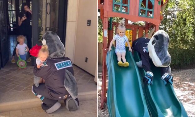 Karlsson’s daughter receives one last visit from Sharks mascot