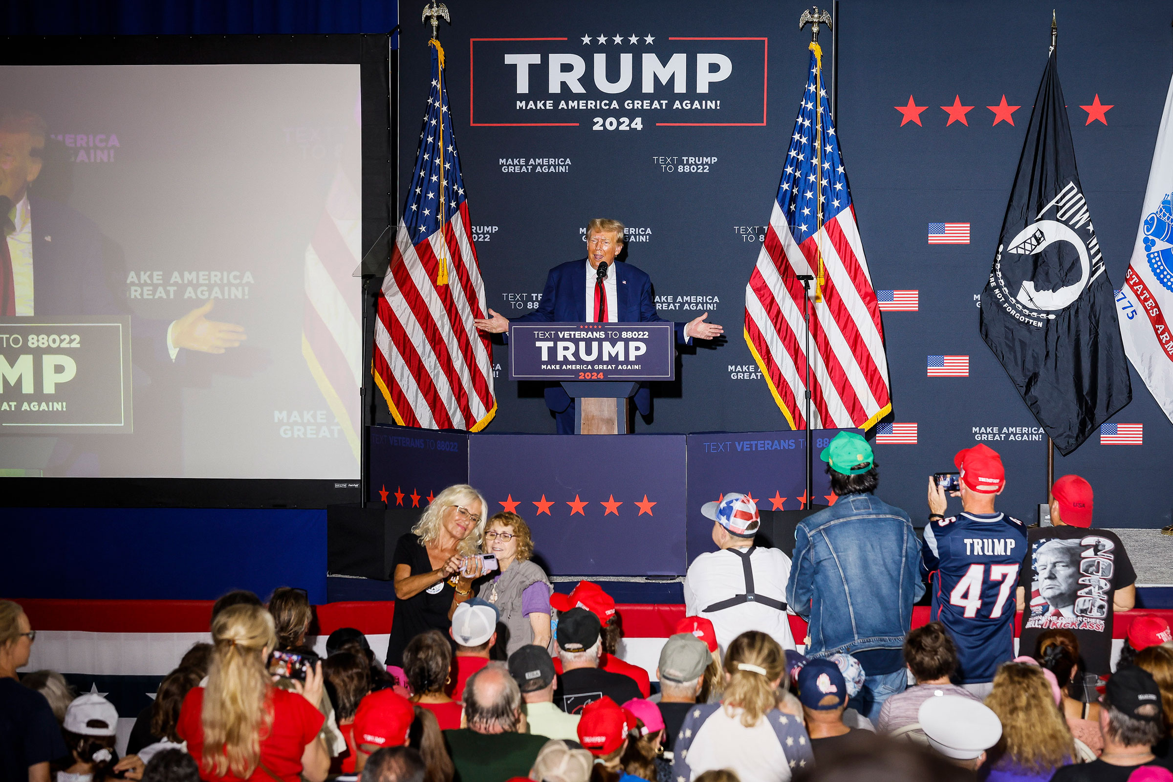Former President of the United States Donald Trump delivers remarks in Windham, N.H. on Aug. 8, 2023. (Erin Clark—The Boston Globe/Getty Images)