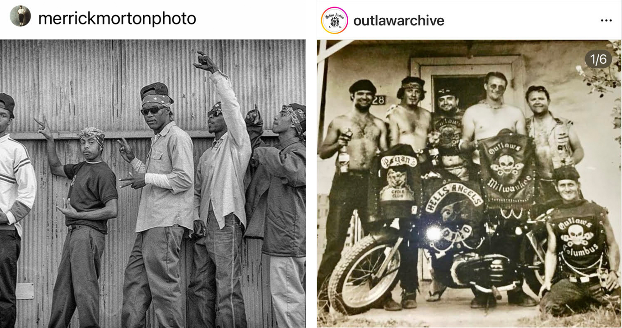 Screen shots from two different Instagram accounts: outlawarchive of the left and marrickmortonphoto on the right.