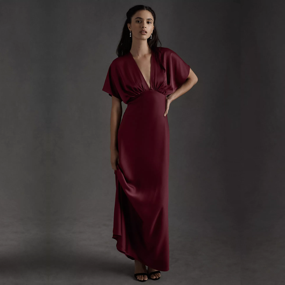 Leila Deep-V Flutter-Sleeve Satin Gown