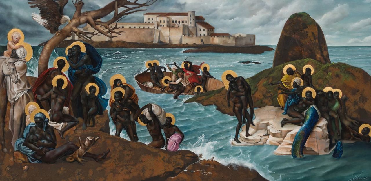 “Migration of the Gods” depicts enslaved Africans carrying their gods on their backs amid “the horrors of the Middle Passage, condensing time and geography into a single painting.”