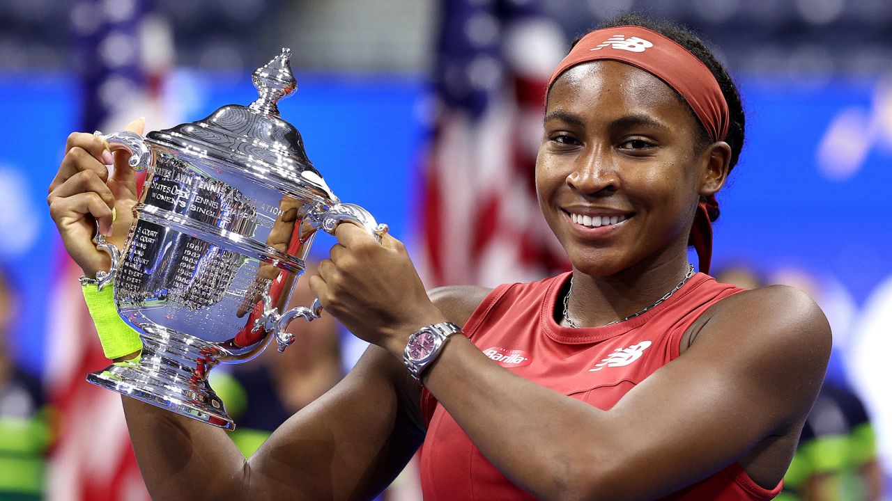 NEW YORK, NEW YORK - SEPTEMBER 09: Coco Gauff of the United States celebrates after defeating Aryna Sabalenka of Belarus in their Women's Singles Final match on Day Thirteen of the 2023 US Open at the USTA Billie Jean King National Tennis Center on September 09, 2023 in the Flushing neighborhood of the Queens borough of New York City. (Photo by Elsa/Getty Images)