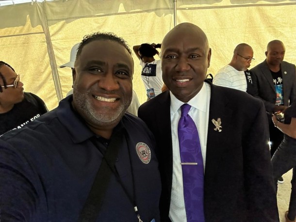 Sacramento pastor Dr. Tecoy Porter, left, takes a moment with famed attorney Ben Crump during the March on Washington at the Lincoln Memorial in Washington, Saturday, Aug. 26, 2023. Photo courtesy Tecoy Porter