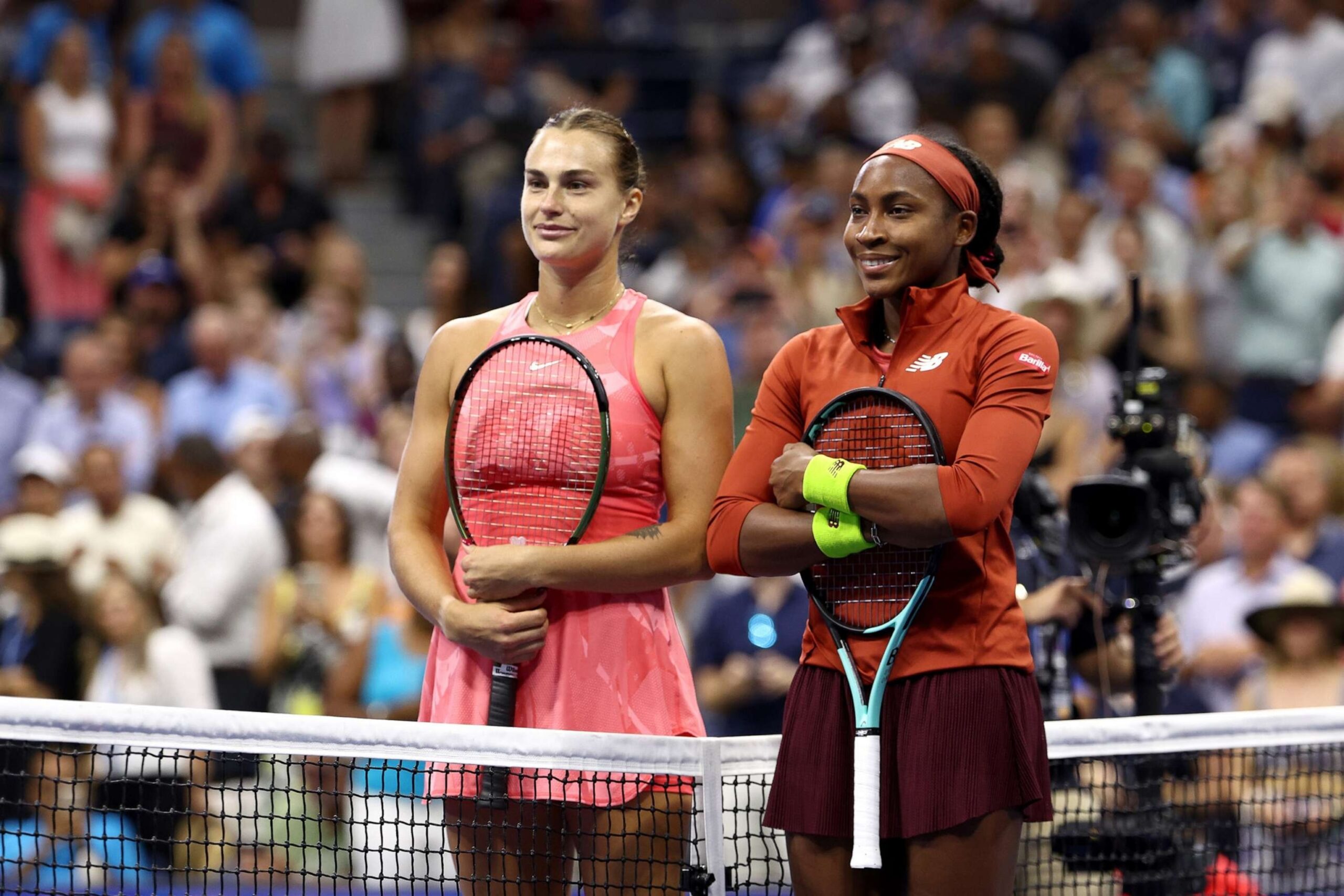 PHOTO: Aryna Sabalenka of Belarus and Coco Gauff of the United States pose for a photo prior to their Women's Singles Final match on Day Thirteen of the 2023 US Open at the USTA Billie Jean King National Tennis Center, on Sept. 9, 2023, in New York.