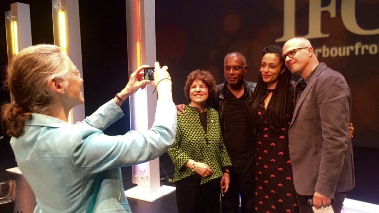 Producer Mary Stinson takes a photo of Eleanor Wachtel, Caryl Phillips, Zadie Smith and Aleksandar Hemon in 2015.