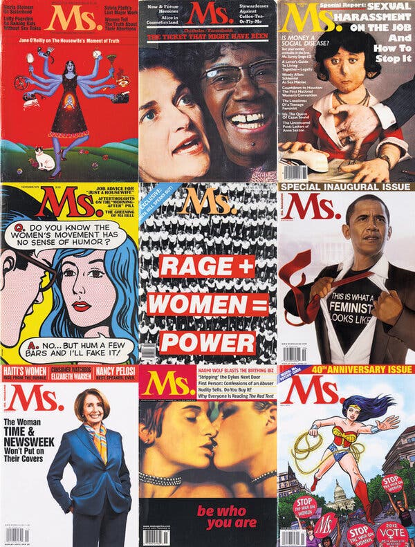 A montage of nine Ms. magazine covers portray a many-armed blue goddess; Shirley Chisholm and Frances Farenthold; a female figure being groped by a hand; a Pop Art-style cartoon cel; an overhead shot of a women’s march; Barack Obama; Nancy Pelosi; two faces kissing; Wonder Woman. 