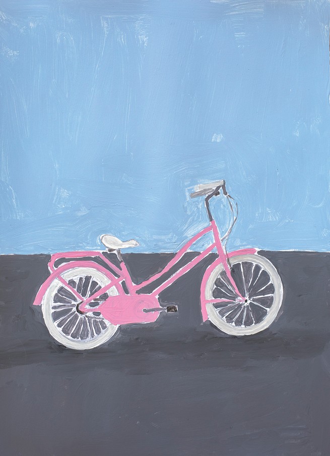 painting of a girl's pink bicycle with white tires and seat on blue and gray background