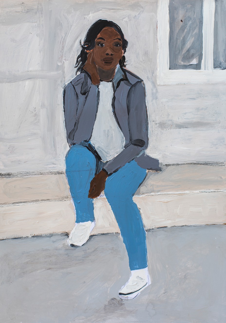 painting of woman in white shirt, gray jacket, and blue pants sitting on steps with her hand supporting her chin