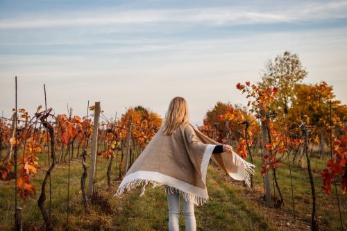 woman in a poncho at a vineyard