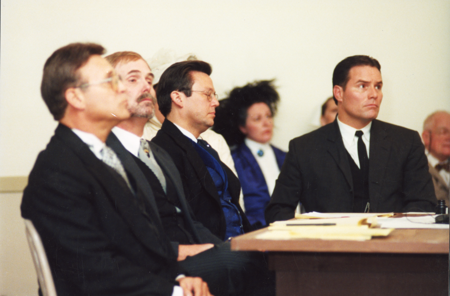 Michael Monaco (far right) portraying Dr. Bennett Clark Hyde during a Swope v Hyde murder trial re-enactment in October 2000. The mock trials are a collaboration between the University of Missouri–Kansas City School of Law and the Jackson County Historical Society.