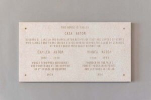 Plaque. Reads: This House is Called CASA ARTOM In honor of Camillo and Bianca Artom, natives of Italy and lovers of Venice who having come to the United States in 1938 served the cause of learning at Wake Forest with great distinction