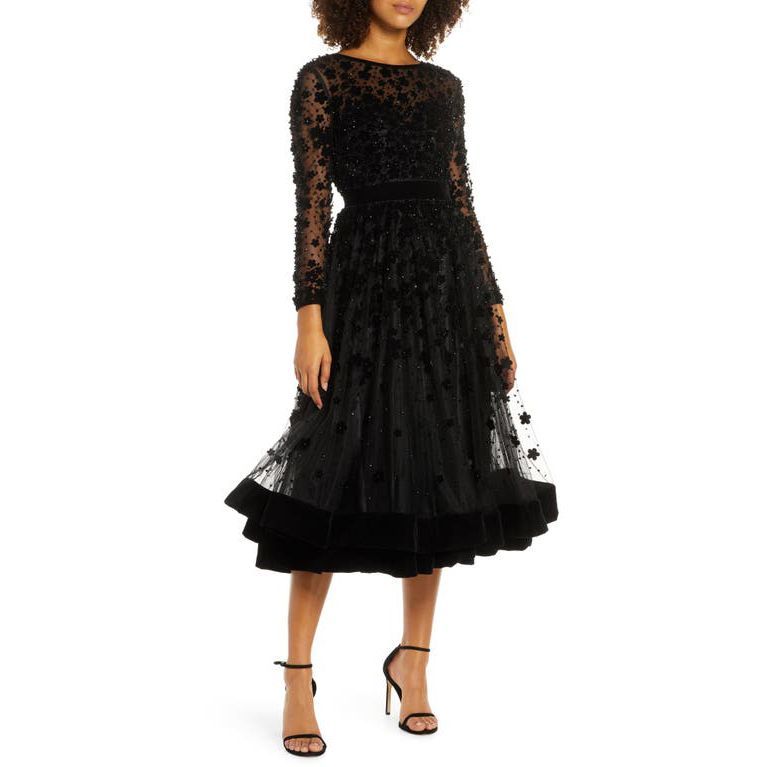 Long Sleeve Fit & Flare Velvet Embellished Cocktail Dress