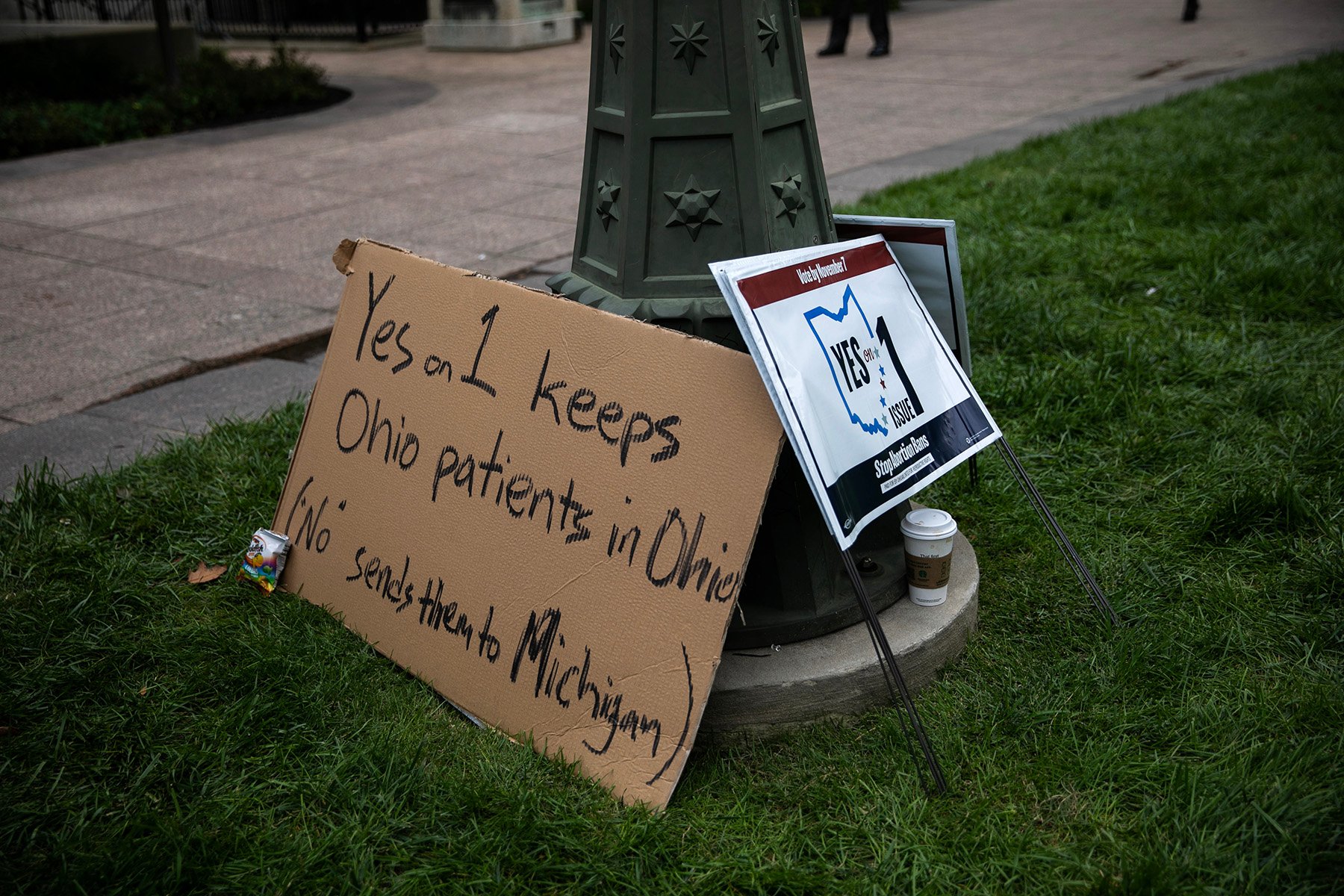 Signs for Issue 1 at a rally hosted by Ohioans United for Reproductive Rights outside of the Ohio Statehouse. They read 