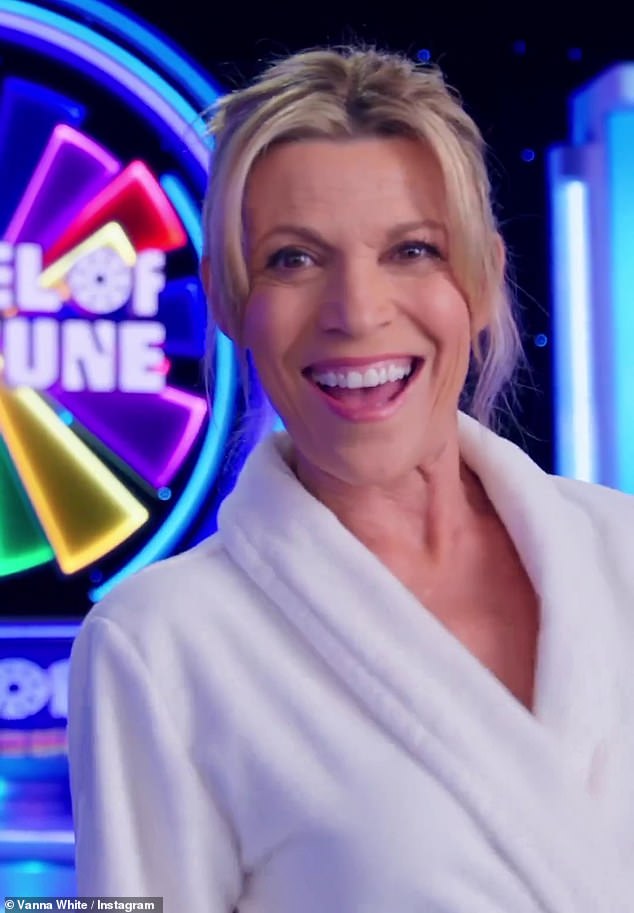 Wrinkles: Vanna, who said she thinks 'wrinkles are beautiful' appears in a spot shot on the Wheel of Fortune set on social media wearing minimal makeup and a white bathrobe
