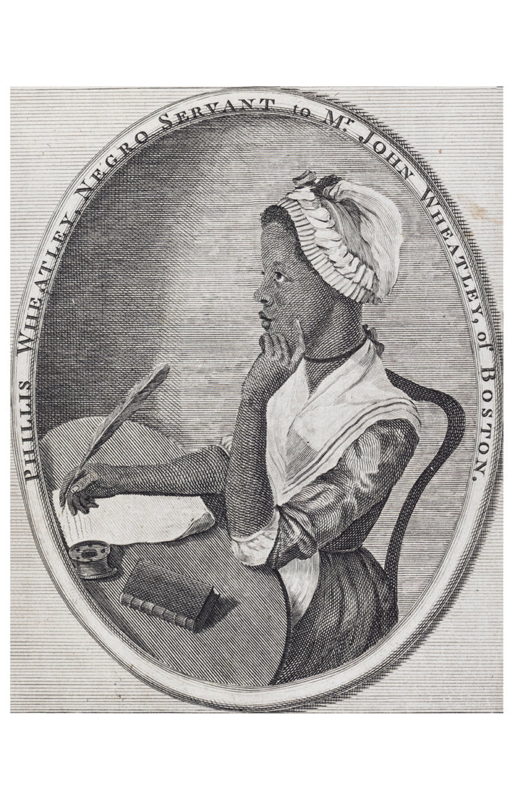 An engraved portrait of Phillis Wheatley from the 1770s. She wears a dress and bonnet and sits at a desk thinking and writing.