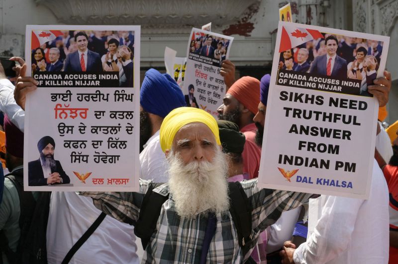 Activists of the Dal Khalsa Sikh organization, a pro-Khalistan group, stage a demonstration at the Golden Temple in Amritsar on Sept. 29, 2023.